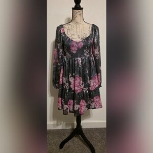 Crystal Doll Floral Long Sleeve Dress - Black and Pink